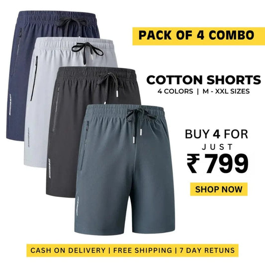 Combo of 4 Men's Stretchable Cotton Shorts for Summers 🌞👕 Regular price